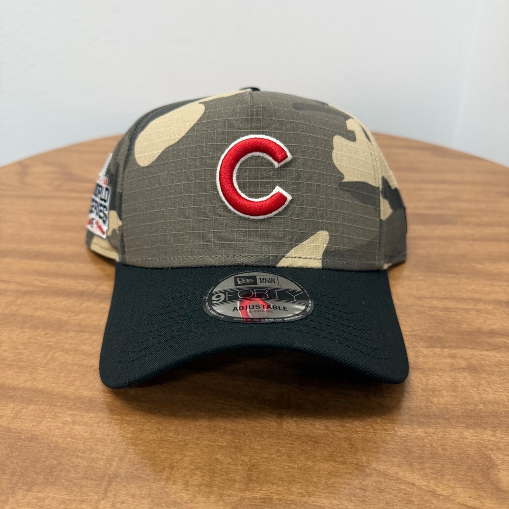 New Era 9FORTY A-Frame Chicago Cubs Hat Mens OSFM Camo 2016 World Series Patch